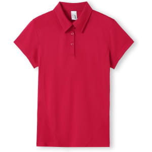 A women's short-sleeve polo shirt in bright red, featuring a collar and buttons, with a logo.