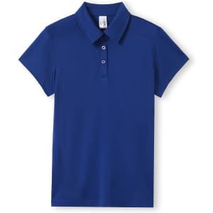 A women's polyester polo shirt in navy blue, featuring a collar and a logo.