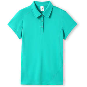 A turquoise women's polo shirt featuring a collar, buttons, and a logo.