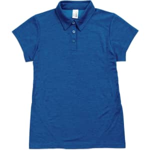A blue women's polo shirt made of 100% polyester, featuring a collar and button placket, with a logo.