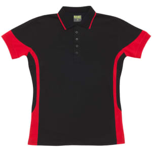 A black and red polo shirt with a contrasting design and a logo on the collar.