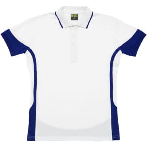 A white and navy contrast polycotton polo shirt with a collar and buttons. It features coloured side panels and a logo.