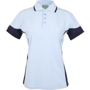 A women's polo shirt in light blue with navy contrast detailing and a logo on the collar.