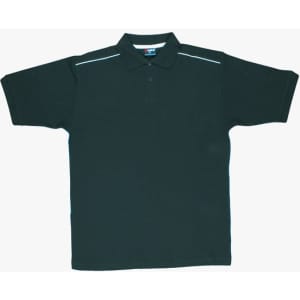 A black cotton pique knit polo shirt with piping details and a collar. The shirt features a logo on the chest.