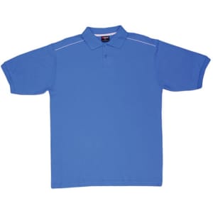 A blue men's/unisex polo shirt made of cotton pique knit, featuring piping details and a logo.