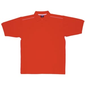 A bright red polo shirt with a collar and piping details, featuring a logo on the tag.