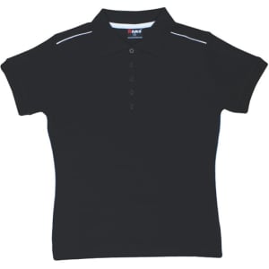 A black women's cotton pique knit polo shirt with piping details and a logo. Short sleeves and a classic collar.