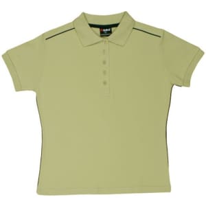 A women's cotton pique knit polo shirt in light green with piping details and a collar. Features a logo.