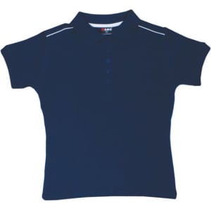 A navy blue women's cotton pique knit polo shirt with contrasting piping. The shirt features a collar and buttons.