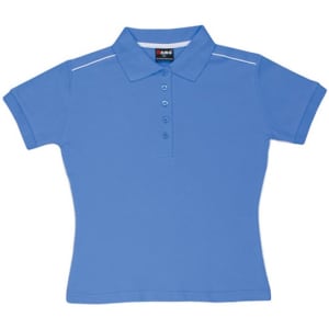 A blue women's polo shirt with a collared neck, button-up front, and contrasting piping details. It has a logo.