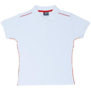 A white women's polo shirt featuring red piping along the sides and a collar, with a logo on the label.