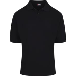 A black men's cotton polo shirt with a classic collar and a logo on the chest.