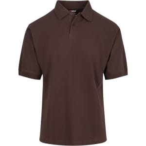 A brown cotton polo shirt with a collar and a branded tag, featuring short sleeves and a classic fit.