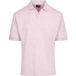 A pink men's cotton polo shirt with a branded logo and a classic collar design.