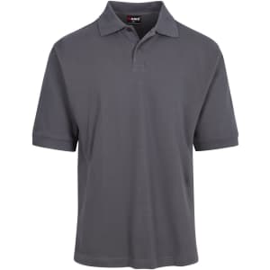 A grey men's cotton pigment dyed polo shirt with a collar and short sleeves, featuring a logo.