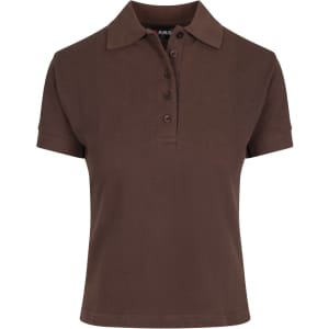 A brown women's cotton pigment dyed polo shirt with a collared neckline and button placket, featuring a logo.
