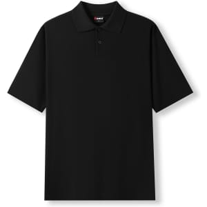A black men's cotton pique knit polo shirt with a branded label on the collar.
