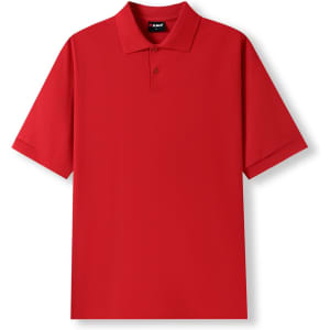 A red men's cotton pique knit polo shirt with a classic collar and short sleeves, featuring a logo on the chest.
