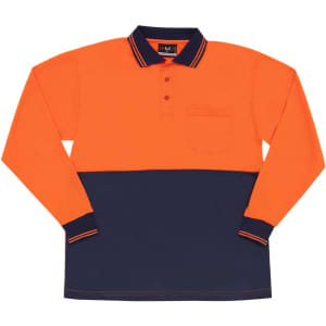 Hi visibility long sleeve polo shirt in orange and navy blue, featuring a pocket and a logo.