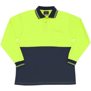 A Hi Vis long sleeve polo shirt in bright yellow and navy blue, featuring a pocket and a logo.