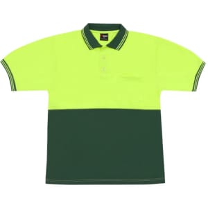 A high visibility polo shirt in bright yellow and dark green, featuring a collar and a pocket. It has a logo.