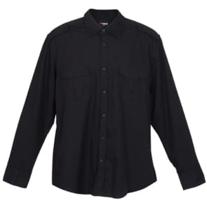 A black men's military long sleeve button-up shirt with two chest pockets and shoulder epaulets.