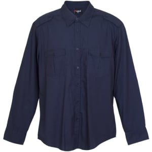 A men's military long sleeve shirt in navy blue with button-up front and two chest pockets. Features shoulder epaulettes and a logo.