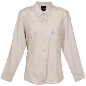 A women's long sleeve military style button-up shirt in beige with two front pockets and a logo.