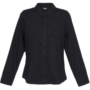 A black long sleeve button-up shirt featuring two chest pockets and a logo on the collar.