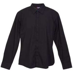 A black long sleeve button-up shirt featuring a collar and a logo on the label.