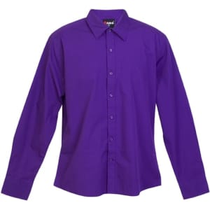 A purple long sleeve button-up shirt with a classic collar and a logo on the label.