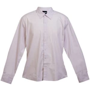 A light pink long sleeve button-up shirt with a collar, featuring a logo on the label.