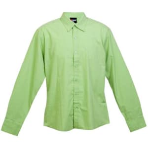 A light green long sleeve button-up shirt with a collar and a logo on the label.