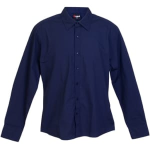 A navy blue long sleeve button-up shirt with a collar and front buttons. The shirt features a logo on the label.