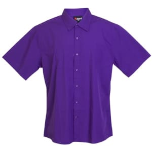 A purple short sleeve button-up shirt featuring a collar and front buttons. Includes a logo on the label.