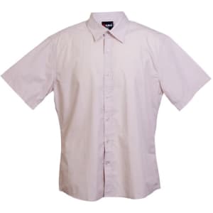 A short-sleeved button-up shirt in light pink, featuring a collar and a logo on the label.