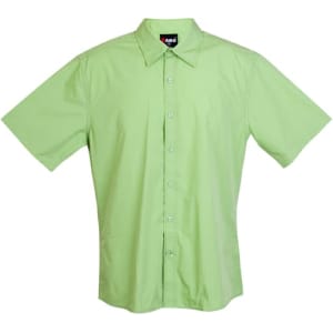 A light green short-sleeve button-up shirt with a collar and a logo on the label.