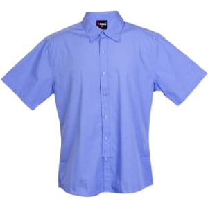 A short-sleeve button-up shirt in light blue, featuring a collar and a branded label.