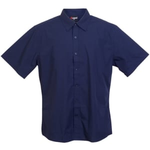 A short sleeve, button-up shirt in navy blue with a logo on the collar.
