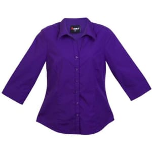 A purple women's 3/4 sleeve button-up shirt with a collar and a logo on the tag.