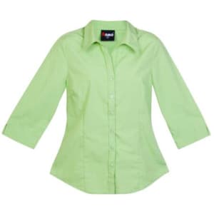 A green women's 3/4 sleeve button-up shirt with a collar and buttons down the front. It features a logo on the label.