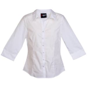 A white 3/4 sleeve button-up shirt with a collar and branding inside the neckline.