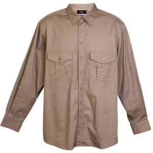 A khaki long sleeve work shirt featuring two chest pockets and a collar. The shirt has a branding logo.