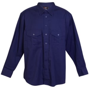 A navy blue long sleeve work shirt with two front pockets and a button-down collar. It features a logo on the label.