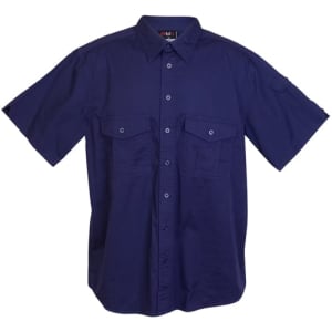 A navy short sleeve work shirt with two chest pockets and a logo on the sleeve.