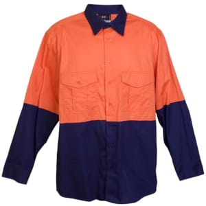 A long sleeve shirt in orange and navy blue, featuring two chest pockets and a logo. Suitable for workwear.