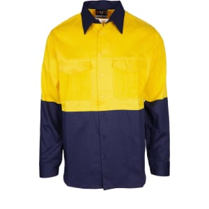 A long sleeve shirt in yellow and navy, featuring two front pockets and a logo tag.