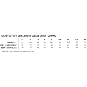 A size specification chart for men's cotton drill short sleeve shirts, detailing measurements in various sizes.