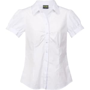 A white button-up shirt with short puff sleeves and a fitted design. It features a brand logo on the inside neckline.