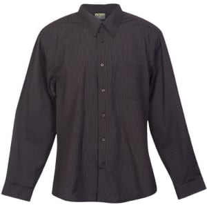 A black button-up shirt with urban stripes, featuring long sleeves and a chest pocket. It has a logo on the collar.